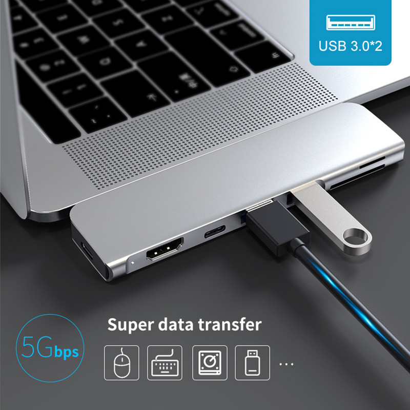 Adaptor Hub USB 3.1 Type-C la HDMI 4K Thunderbolt 3 Hub USB C cu Hub 3.0 TF Slot pentru cititor SD PD pentru MacBook Pro/Air 2018 - 2020