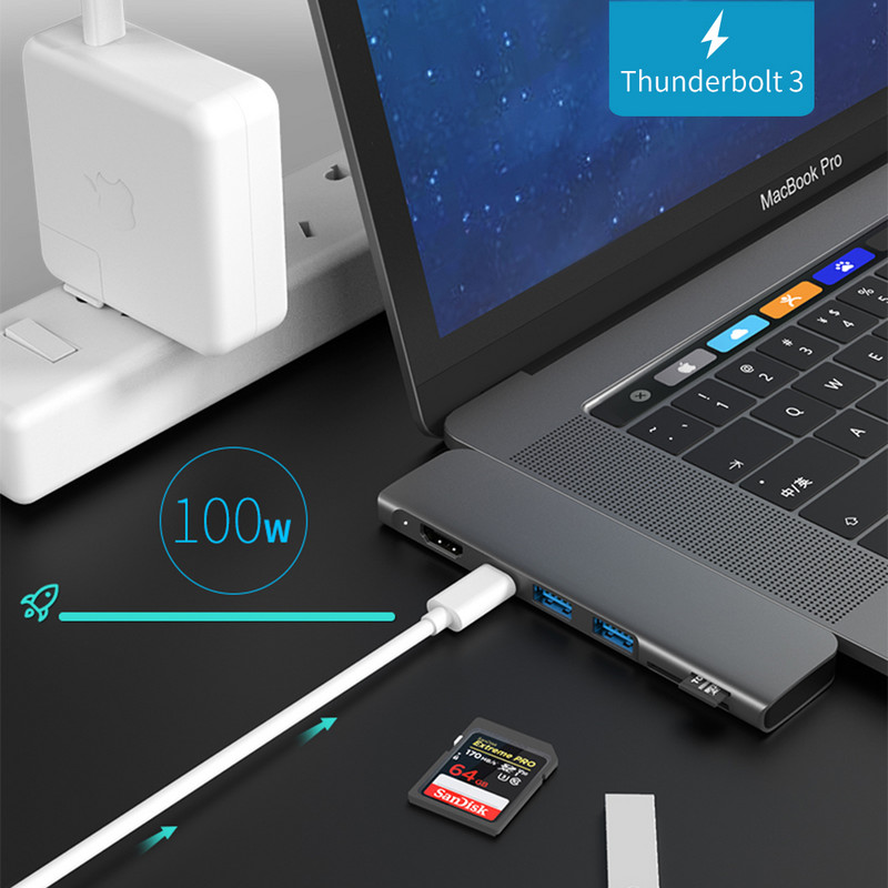 Adaptor Hub USB 3.1 Type-C la HDMI 4K Thunderbolt 3 Hub USB C cu Hub 3.0 TF Slot pentru cititor SD PD pentru MacBook Pro/Air 2018 - 2020