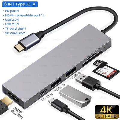 Hub USB 3.1 tip C la Adaptor multi splitter HDMI 4K Thunderbolt 3 Hub USB C cu slot pentru cititor TF SD PD pentru PC MacBook Pro Air