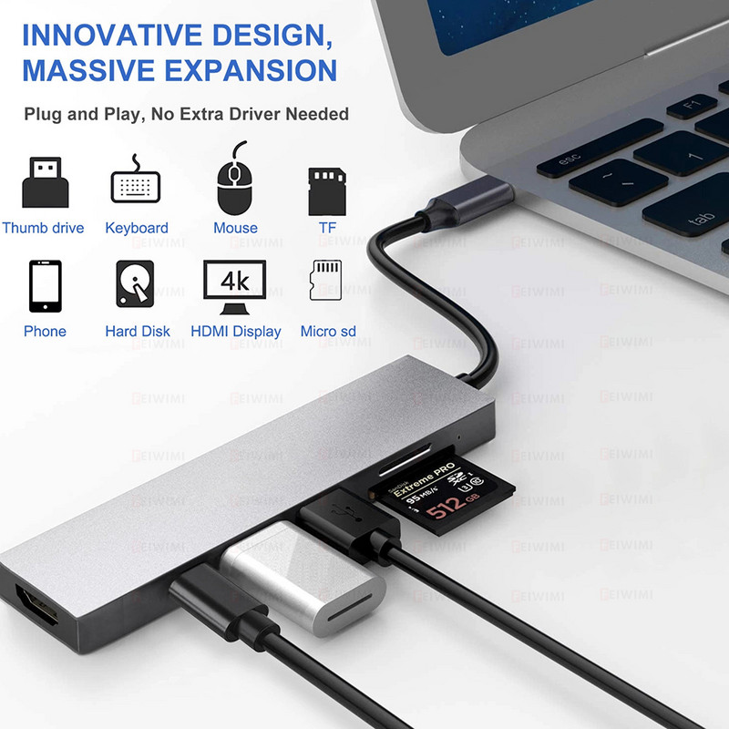 Hub USB 3.1 tip C la Adaptor multi splitter HDMI 4K Thunderbolt 3 Hub USB C cu slot pentru cititor TF SD PD pentru PC MacBook Pro Air