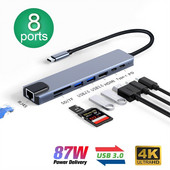 Adaptor 8 în 1 USB C Hub tip C 3.1 la 4K HD cu cititor de carduri RJ45 SD/TF PD încărcare rapidă pentru computer portabil MacBook Notebook