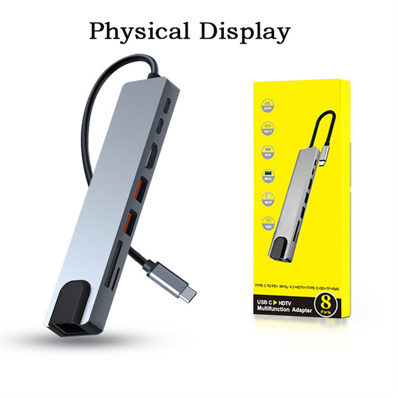 Adaptor 8 în 1 USB C Hub tip C 3.1 la 4K HD cu cititor de carduri RJ45 SD/TF PD încărcare rapidă pentru computer portabil MacBook Notebook
