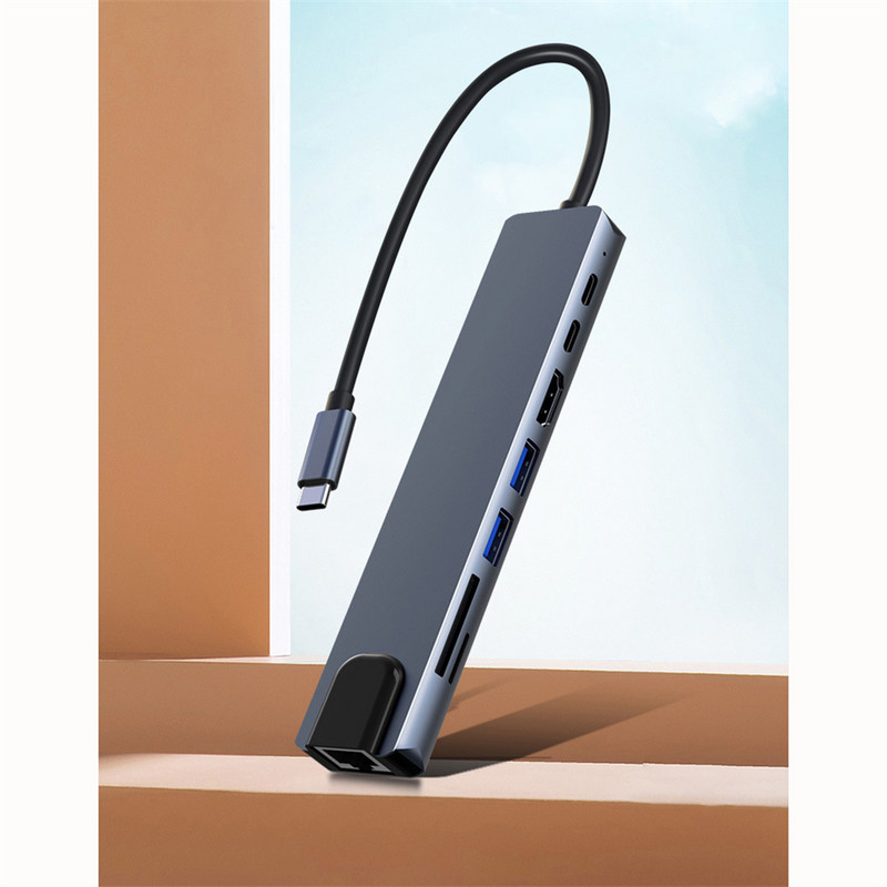 Adaptor 8 în 1 USB C Hub tip C 3.1 la 4K HD cu cititor de carduri RJ45 SD/TF PD încărcare rapidă pentru computer portabil MacBook Notebook