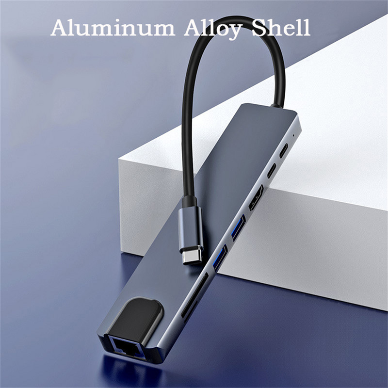 Adaptor 8 în 1 USB C Hub tip C 3.1 la 4K HD cu cititor de carduri RJ45 SD/TF PD încărcare rapidă pentru computer portabil MacBook Notebook