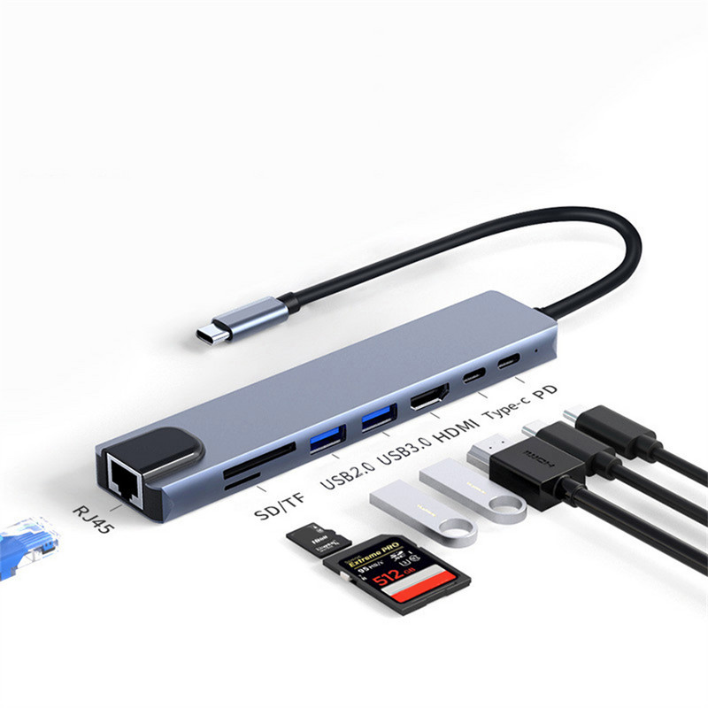 Adaptor 8 în 1 USB C Hub tip C 3.1 la 4K HD cu cititor de carduri RJ45 SD/TF PD încărcare rapidă pentru computer portabil MacBook Notebook