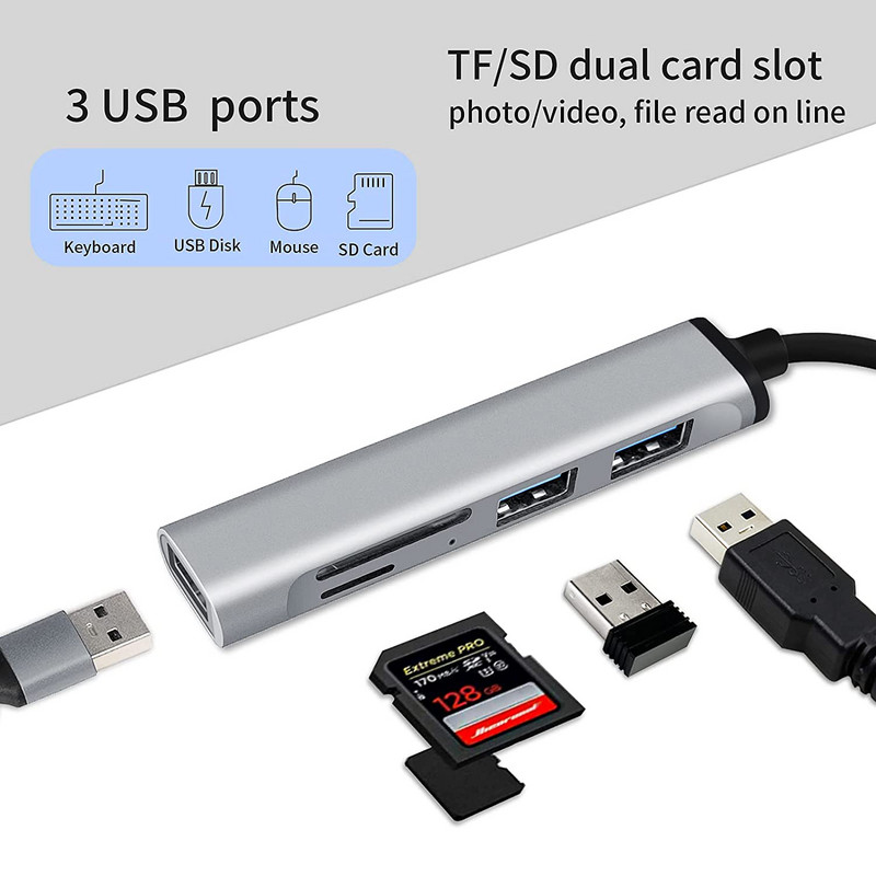 5 v 1 HUB typu C Vysokorýchlostný USB 3.0 HUB Rozbočovač Čítačka kariet Multiport s SD TF portami pre Macbook Počítačové príslušenstvo HUB USB