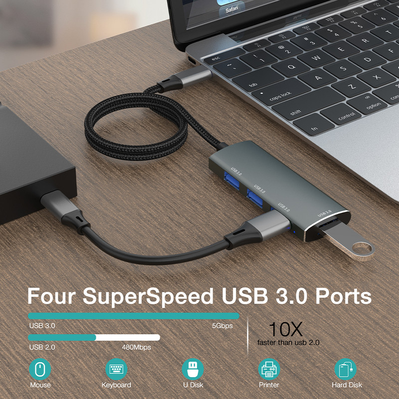 YUCUN USB HUB 3-0 4 porty USB 3.0 adaptér 5 Gbps vysokorýchlostný multi USB-C rozbočovač pre Lenovo Macbook Pro PC príslušenstvo tipo c