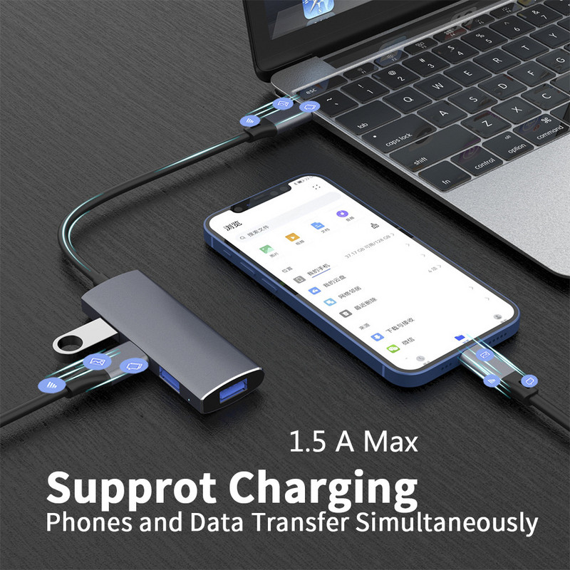 YUCUN USB HUB 3-0 4 porty USB 3.0 adaptér 5 Gbps vysokorýchlostný multi USB-C rozbočovač pre Lenovo Macbook Pro PC príslušenstvo tipo c