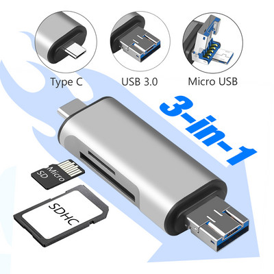 Tip C+Micro USB+USB 3.0 în 1 Cititor de carduri OTG Cititor de carduri de memorie USB3.0 de mare viteză pentru telefon Android Cititor de carduri de computer