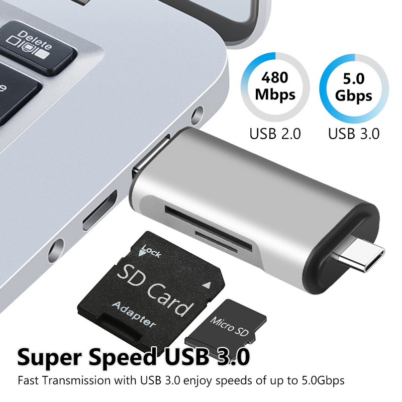 C tipo + Micro USB + USB 3.0 viename OTG kortelių skaitytuvas Didelės spartos USB3.0 atminties kortelių skaitytuvas, skirtas Android telefono kompiuterio kortelių skaitytuvui