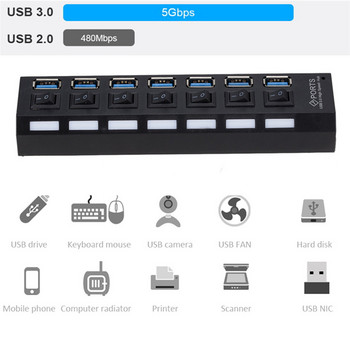 USB 3.0 хъб USB хъб 3.0 Multi USB сплитер 3 Hab Използвайте захранващ адаптер 7 порта Multiple Expander 3.0 USB3 хъб с превключвател за компютър