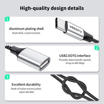 Type C към двоен USB OTG адаптер USB 2.0 Type-C Expansion HUB Data Charging Braid Cabo за Samsung Galaxy S22 MacBook Pro Air iPad