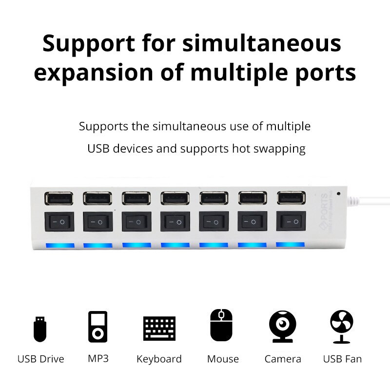 Switch Extension Hub 7 prievadų USB2.0 šakotuvas Kompiuterio USB plėtinio šakotuvas One Drag Seven USB2.0 skirstytuvas kompiuterio nešiojamasis kompiuteris darbalaukis