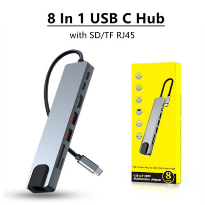 8 vienā USB C centrmezgls ar RJ45 SD/TF karšu lasītāju C tipa 3.1–4K HD adapteris PD ātrā uzlāde MacBook piezīmjdatoram klēpjdatoram