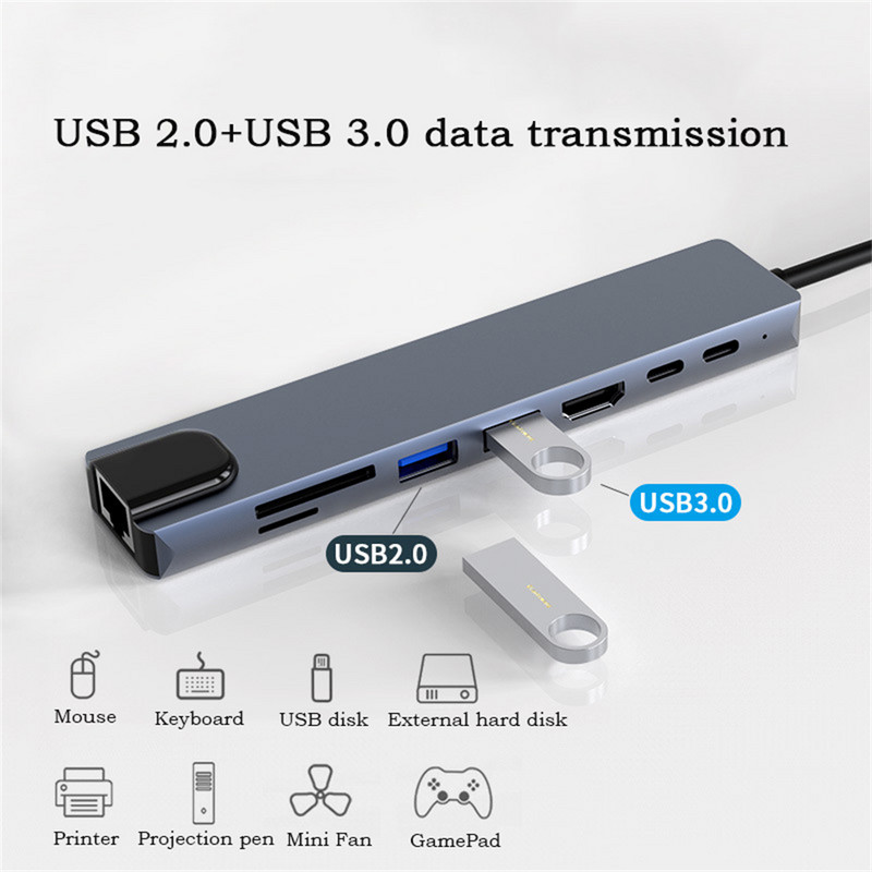8 vienā USB C centrmezgls ar RJ45 SD/TF karšu lasītāju C tipa 3.1–4K HD adapteris PD ātrā uzlāde MacBook piezīmjdatoram klēpjdatoram