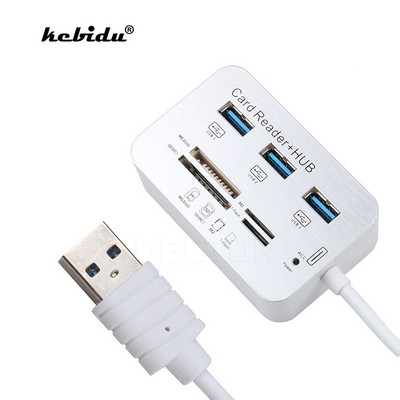 Kebidu 3 porturi Mini USB HUB Cititor de carduri de memorie Hub USB 3.0 din aluminiu cu MS SD M2 TF Cititor de carduri Multi-în-1 pentru computer alb