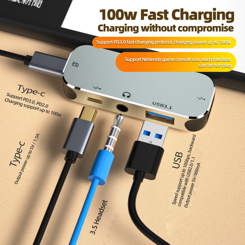 FONKEN 4 u 1 USB C HUB za Macbook Pro Air M1 M2 Type-C Extension Hub 3.5mm Jack adapter za slušalice USB 3.0 2.0 kabel pretvarač