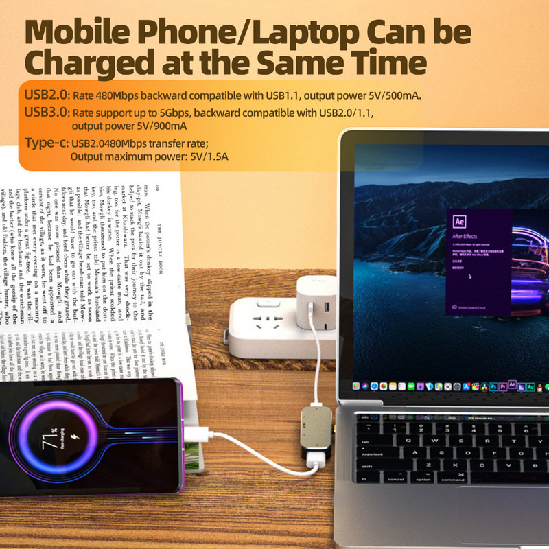 FONKEN 4 u 1 USB C HUB za Macbook Pro Air M1 M2 Type-C Extension Hub 3.5mm Jack adapter za slušalice USB 3.0 2.0 kabel pretvarač