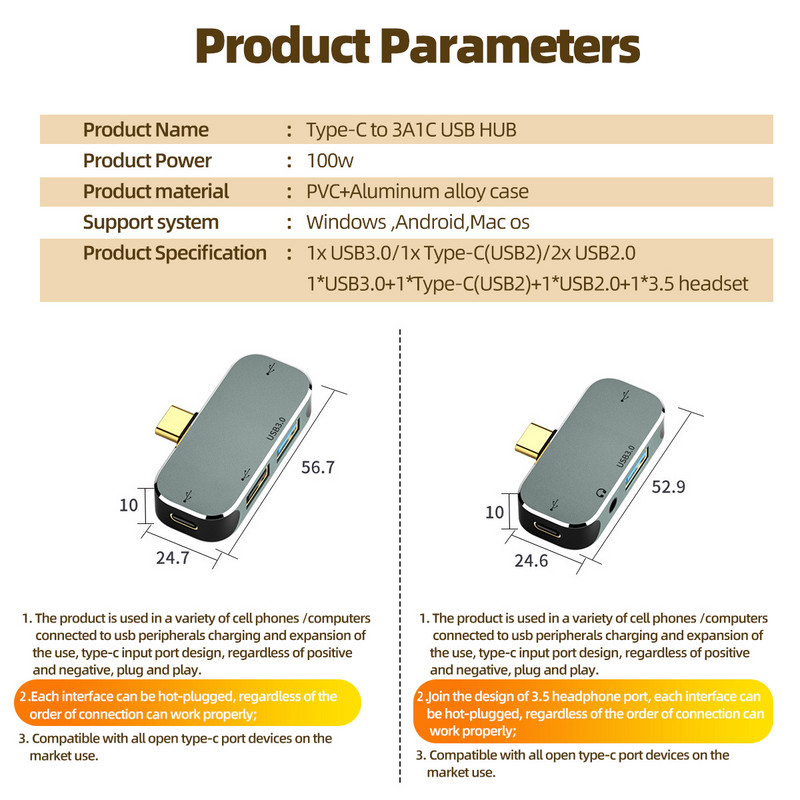 FONKEN 4 u 1 USB C HUB za Macbook Pro Air M1 M2 Type-C Extension Hub 3.5mm Jack adapter za slušalice USB 3.0 2.0 kabel pretvarač