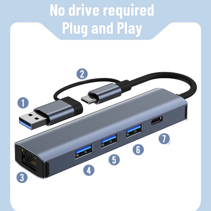 1000 Mbps RJ45 C tipo šakotuvo plėstuvas USB-C eternetas 5 viename Adapteris Tinklas USB skirstytuvas 4 prievadai kompiuteriui nešiojamojo kompiuterio telefono jungiklis, vidinis