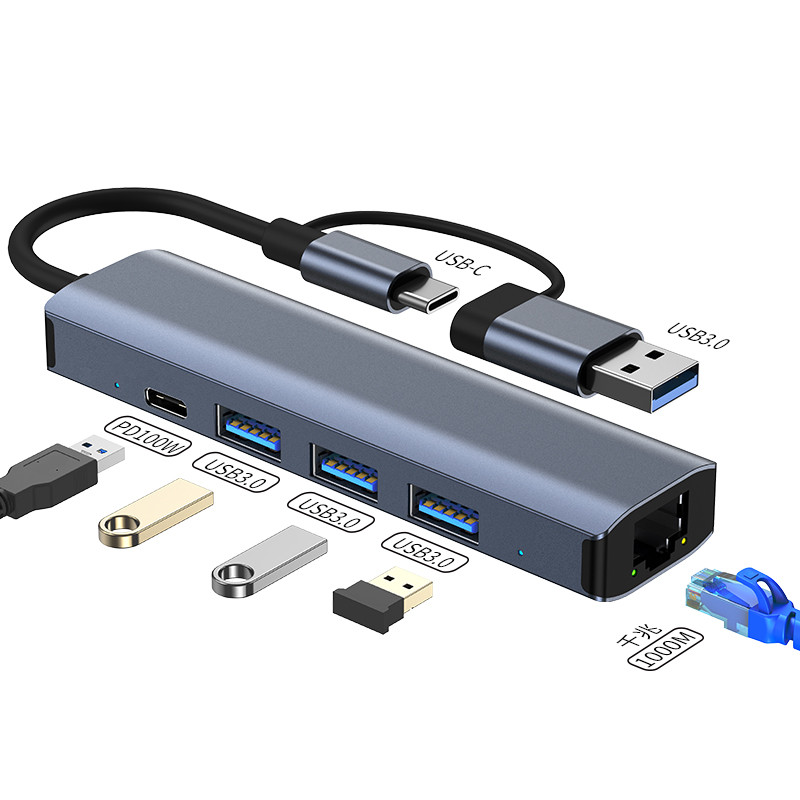 1000 Mbps RJ45 C tipo šakotuvo plėstuvas USB-C eternetas 5 viename Adapteris Tinklas USB skirstytuvas 4 prievadai kompiuteriui nešiojamojo kompiuterio telefono jungiklis, vidinis