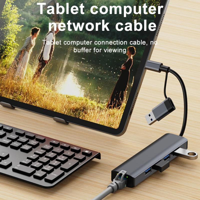 1000 Mbps RJ45 C tipo šakotuvo plėstuvas USB-C eternetas 5 viename Adapteris Tinklas USB skirstytuvas 4 prievadai kompiuteriui nešiojamojo kompiuterio telefono jungiklis, vidinis