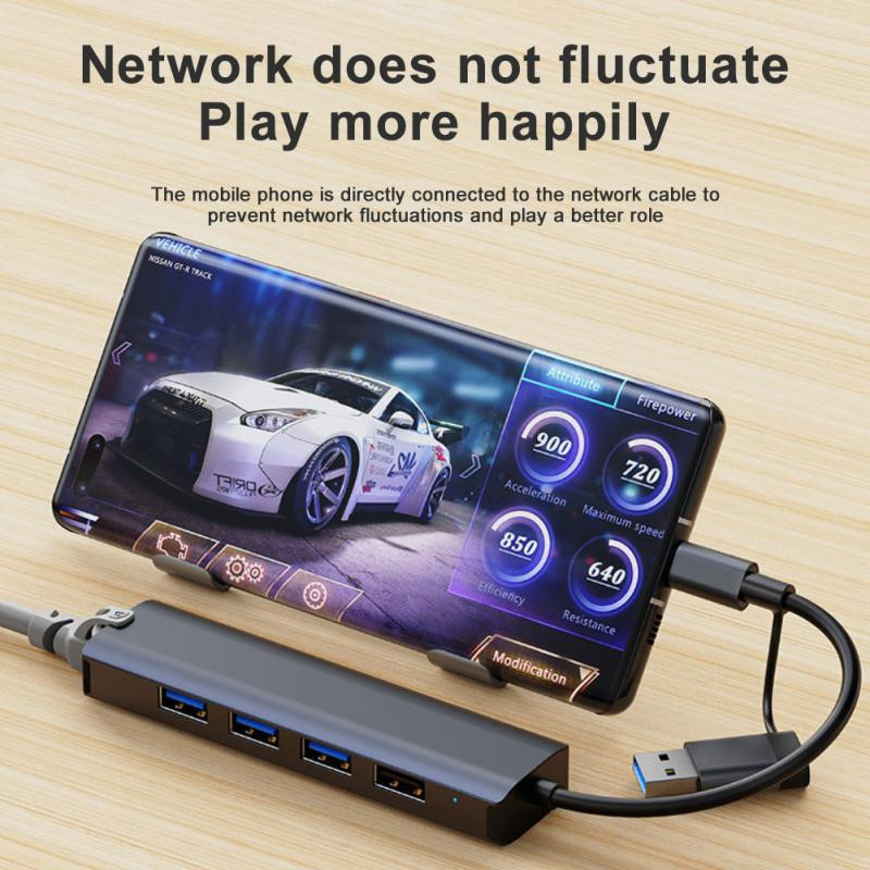 1000 Mbps RJ45 C tipo šakotuvo plėstuvas USB-C eternetas 5 viename Adapteris Tinklas USB skirstytuvas 4 prievadai kompiuteriui nešiojamojo kompiuterio telefono jungiklis, vidinis