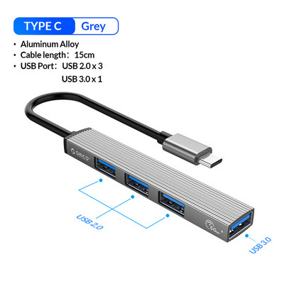 ORICO USB 3.0 HUB 4 priključka Aluminij Typc-c na USB 3.0 HUB 5Gbps velike brzine Multi Type C Splitter Ultra-Slim OTG adapter za PC