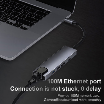 5 в 1 USB C хъб Многопортов адаптер с HDMI 4K изход USB 3.0 2.0 RJ45 Ethernet USB C PD порт за зареждане 5 порта