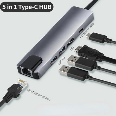 5 az 1-ben USB C hub többportos adapter HDMI 4K kimenettel USB 3.0 2.0 RJ45 Ethernet USB C PD töltőport 5 port