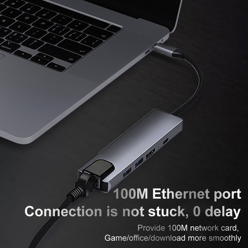 5 az 1-ben USB C hub többportos adapter HDMI 4K kimenettel USB 3.0 2.0 RJ45 Ethernet USB C PD töltőport 5 port