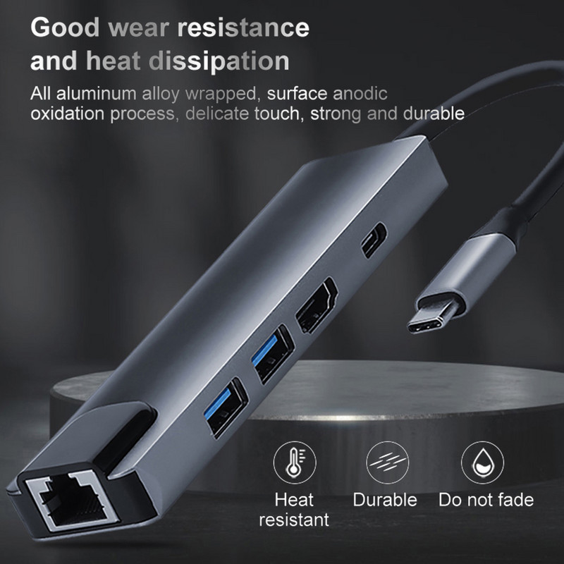 5 az 1-ben USB C hub többportos adapter HDMI 4K kimenettel USB 3.0 2.0 RJ45 Ethernet USB C PD töltőport 5 port