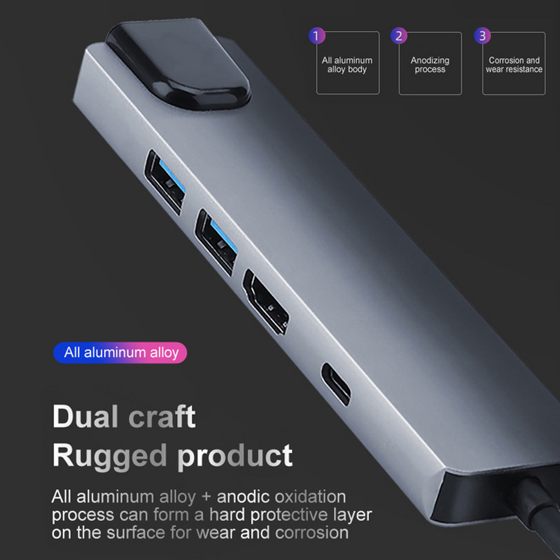 5 az 1-ben USB C hub többportos adapter HDMI 4K kimenettel USB 3.0 2.0 RJ45 Ethernet USB C PD töltőport 5 port