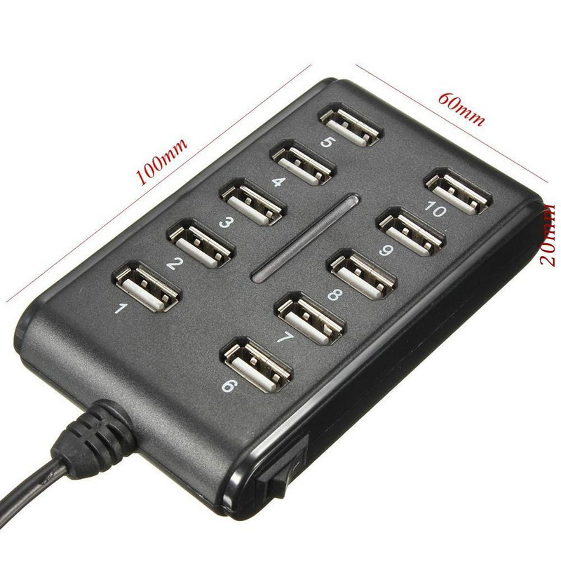 1 gab 10-in-1 USB centrmezgls 10 porti 5v 500mA 480Mbps ABS portatīvais USB2.0 interfeisa aprīkojums datu pārraides uzlādes USB centrmezgls