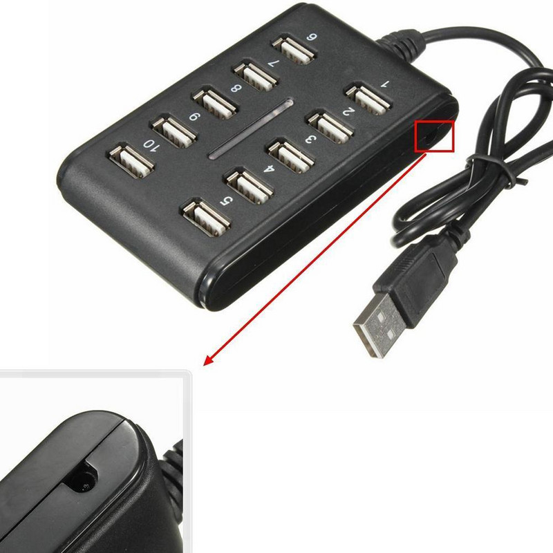 1 gab 10-in-1 USB centrmezgls 10 porti 5v 500mA 480Mbps ABS portatīvais USB2.0 interfeisa aprīkojums datu pārraides uzlādes USB centrmezgls