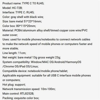Φορητός προσαρμογέας δικτύου Type-c σε RJ45 Ενσύρματο μετατροπέα Usb C Ethernet για Windows MAC OS Android HarmonyOS Chrome OS IPad OS