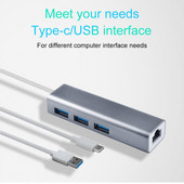 3 USB pieslēgvietas C tipa USB uz Ethernet adapteris 3.0 2.0 datu centrmezgls, C tipa dokstacija 5 gbps ar portatīvo saderīgo sadalītāju mini