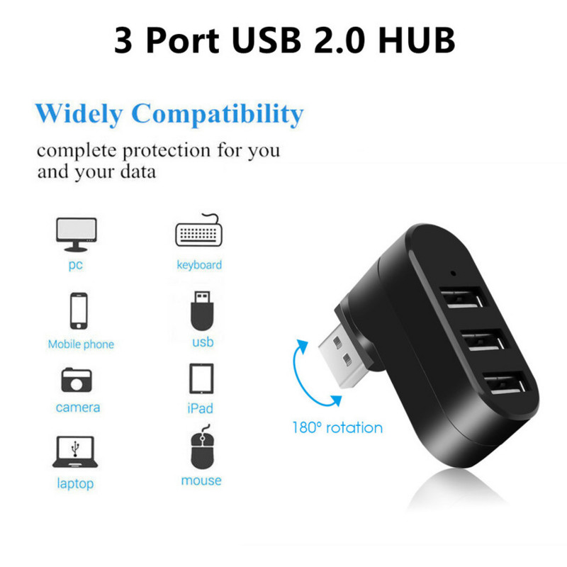 LccKaa Rotate Mini USB Hub 2.0 Adapter High Speed U Disk Reader Splitter 3 Ports USB 2.0 for Computer PC sülearvuti Mac Accessories