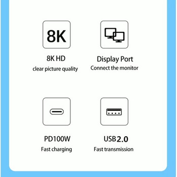 Προσαρμογέας διανομέα 8K 60Hz DP 3 σε 1 USB C σε θύρα οθόνης 4K@120 Τύπος C PD 100W Charge Extender Θύρα οθόνης HUB για MacBook Air Pro