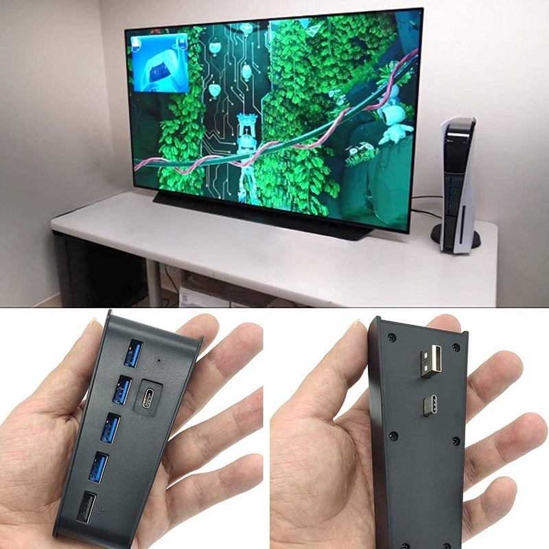 PS5 USB elosztóhoz 4 USB + 1 USB töltőporttal + 1 USB C port átalakító osztóval, USB Type C 3.1 bővítővel