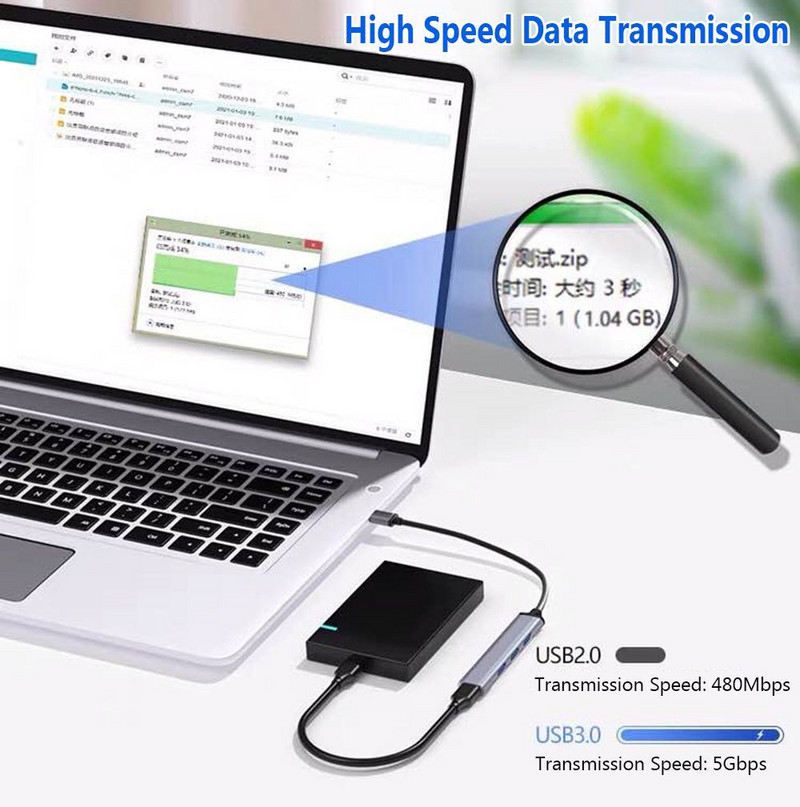 Alumíniumötvözet merevlemez-elosztó nagy sebességű OTG-adapter Type-C HUB 7 portos USB 3.0 bővítő dokkoló állomás