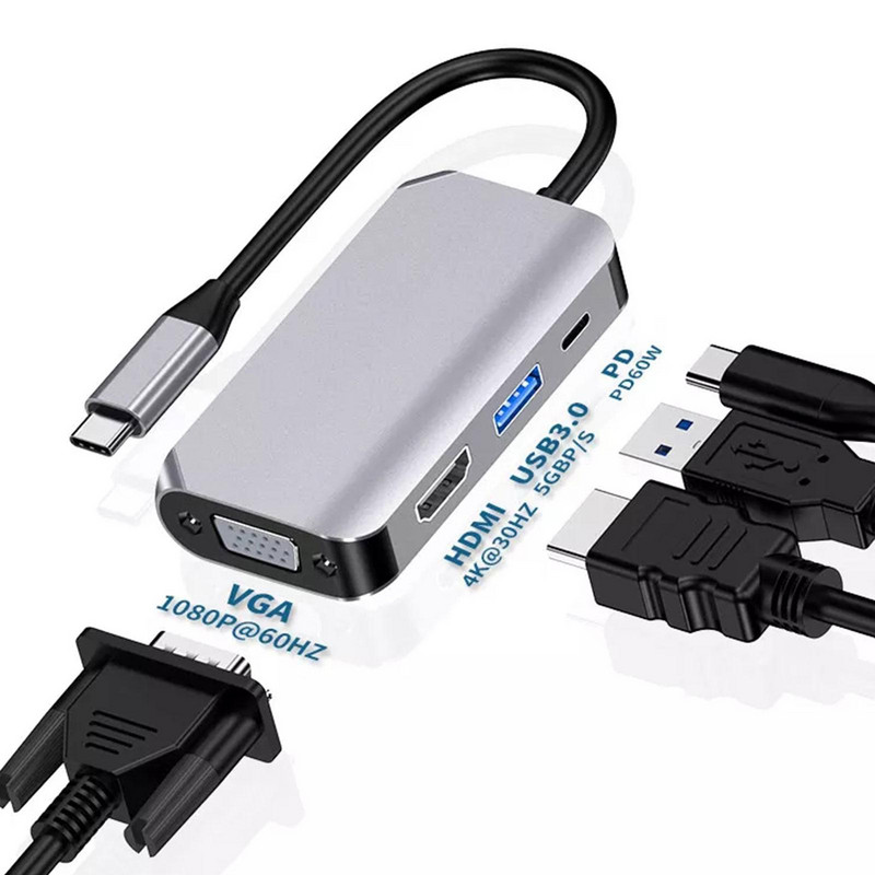 USB C uz HDMI saderīgs VGA centrmezgla adapteris USB 3.0 pagarinājuma dokstacija ar MacBook Pro piederumiem C tipa sadalītājs 4/3/2 vienā
