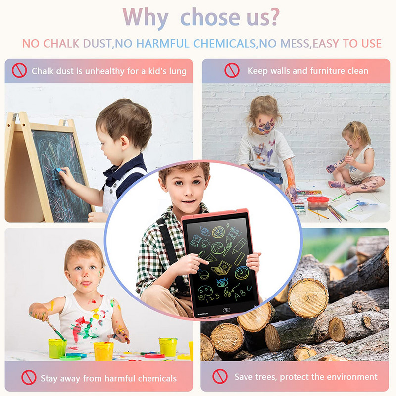 Tabletă de scriere inteligentă LCD de 12 inchi, tabletă electronică de desen, artă, tampoane de scris de mână colorate, cadou pentru copii, ultra-subțire, cu stilou