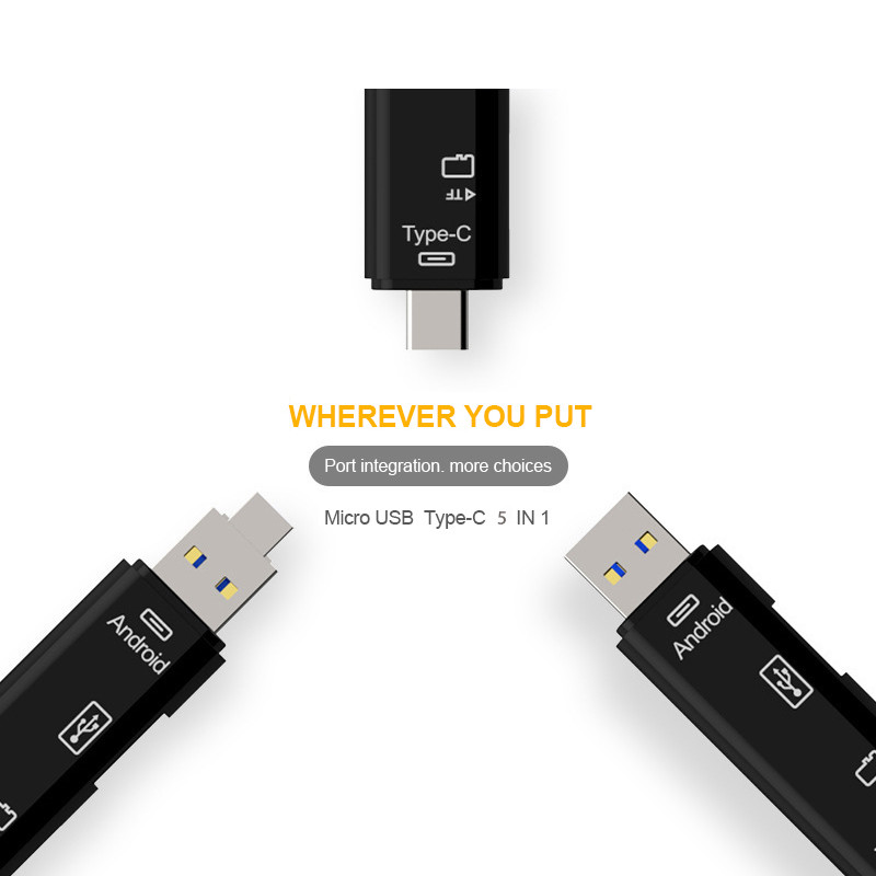Tip C & Micro USB & USB 5 u 1 OTG čitač kartica Brzi univerzalni OTG TF/USB za Android zaglavlja proširenja računala
