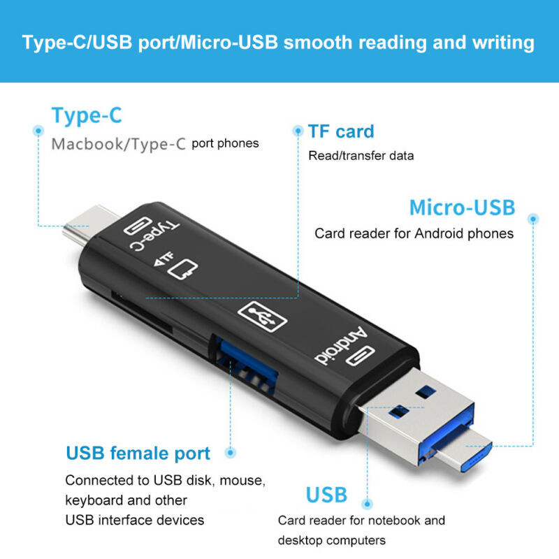 Tip C & Micro USB & USB 5 u 1 OTG čitač kartica Brzi univerzalni OTG TF/USB za Android zaglavlja proširenja računala