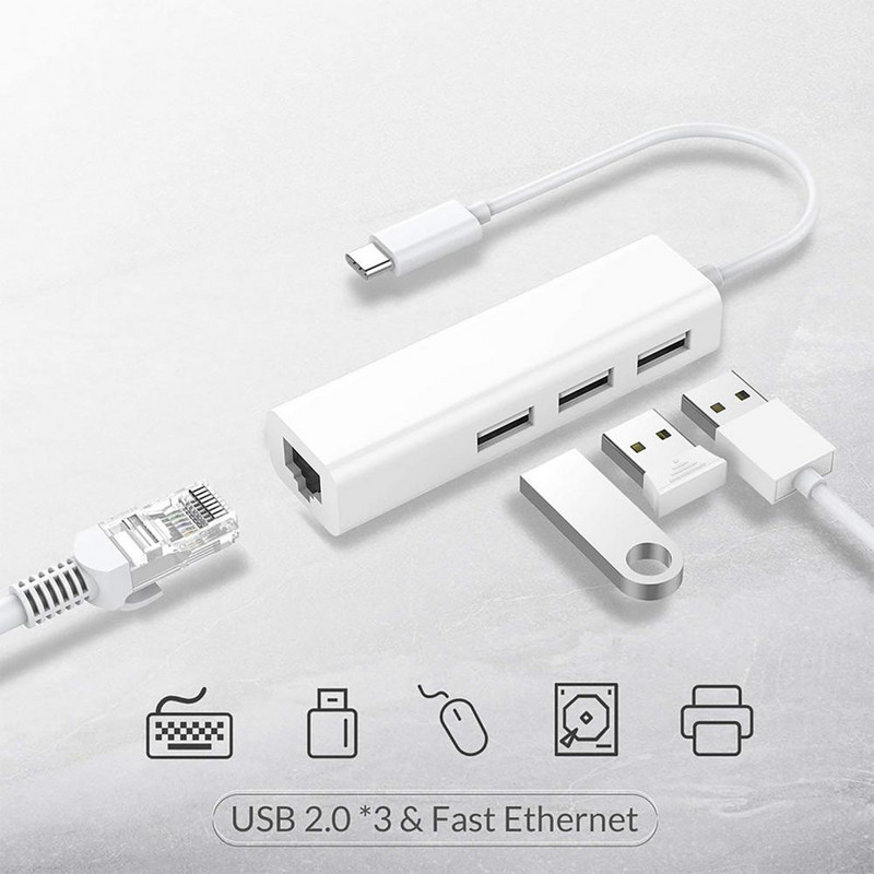 Akciós USB-C hub hordozható, nagy sebességű meghajtó Ingyenes Type-C-USB 2.0/RJ45 Ethernet kártya dokkoló állomás számítógéphez