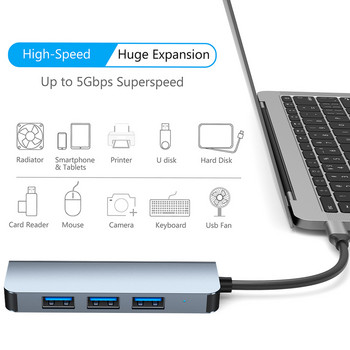 4 σε 1 HUB Type C σε USB 3.0 Hub 4 Θύρες USB Splitter Συμβατό με MacBook Pro/Air Surface Pro PS4 XPS PC Flash Drive