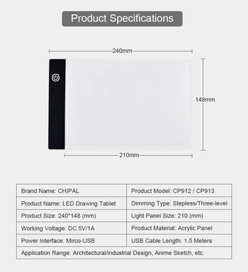 CHIPAL A5 LED Tablet за рисуване Цифрова графична платка USB LED Light Box Copy Pad Електронно изкуство Графична живопис Таблет за писане