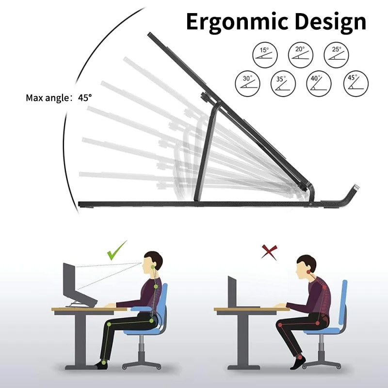 Reguliuojamas nešiojamojo planšetinio kompiuterio stovas 7 kampais, suderinamas su 8–15,6 colių nešiojamaisiais kompiuteriais