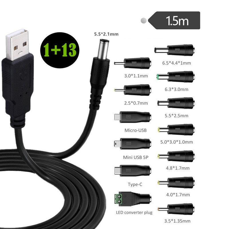 5 V DC 5,5 2,1 mm lizdo įkrovimo kabelis maitinimo laidas, USB į nuolatinės srovės maitinimo laidas su 13 keičiamų kištukų jungčių adapteriais